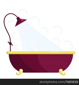 Vector illustration of a red bath with shower. Cartoon bath with shower on a white background. Isolated object. Image blue with gold bath stand