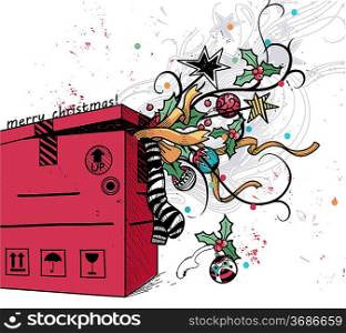 vector illustration of a red box with christmas decoration,ribbons and holly sprigs
