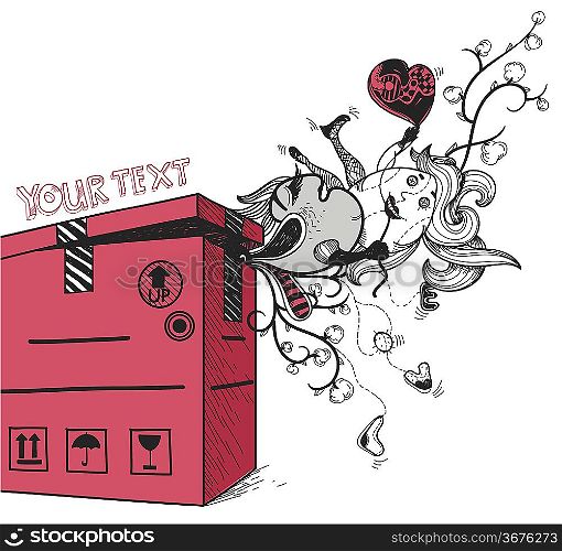 vector illustration of a red box with funny freaks and fantasy plants