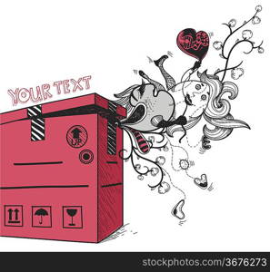 vector illustration of a red box with funny freaks and fantasy plants