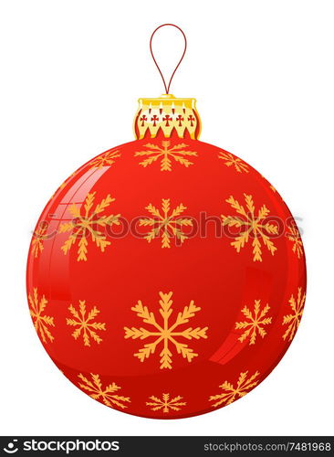 Vector illustration of a red Christmas ball with snowflake on a white background. Isolated Christmas decoration. Christmas ball with golden top