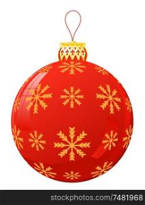 Vector illustration of a red Christmas ball with snowflake on a white background. Isolated Christmas decoration. Christmas ball with golden top