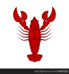 Vector illustration of a red lobster on a white background. Cartoon style food. Animal world of the sea.