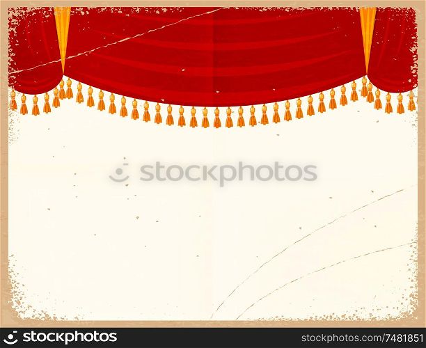 Vector illustration of a red theater curtain on a retro background. Vintage card with a grunge texture. Old paper background. Design element