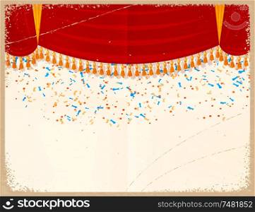 Vector illustration of a red theater curtain with confetti on a retro background. Vintage card with a grunge texture. Old paper background. Design element