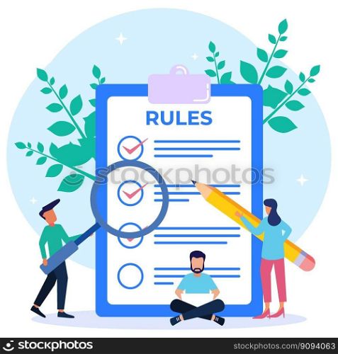 Vector illustration of a regulatory checklist concept. Graphic writing limited by legal information. Community control guidelines and strategies for corporate orders and restrictions.