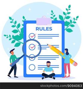 Vector illustration of a regulatory checklist concept. Graphic writing limited by legal information. Community control guidelines and strategies for corporate orders and restrictions.