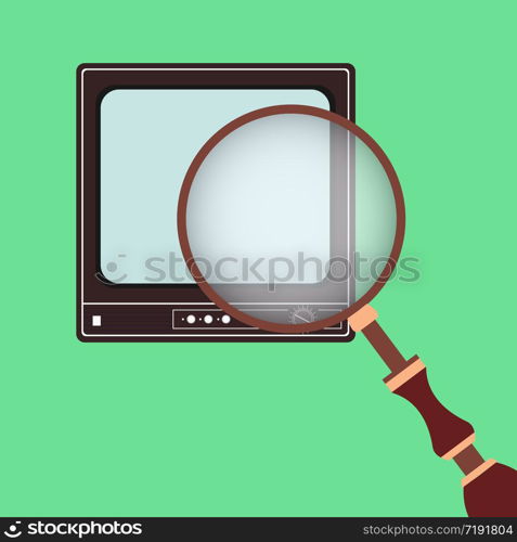 Vector illustration of a retro flat TV and a magnifying glass. Search, View.. Vector illustration of a retro flat TV and a magnifying glass. S