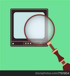 Vector illustration of a retro flat TV and a magnifying glass. Search, View.. Vector illustration of a retro flat TV and a magnifying glass. S