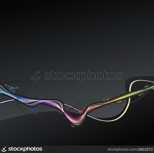 Vector illustration of a retro lined art rainbow flow on a dark slick background.