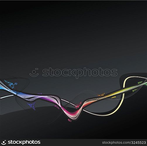 Vector illustration of a retro lined art rainbow flow on a dark slick background.
