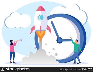 Vector illustration of a rocket taking off with a large clock background. graphic elements are useful investments in investing in a successful business in a short time. Entrepreneurs observe an increase in income.