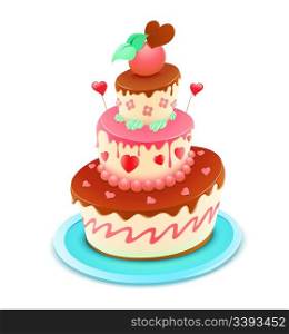 Vector illustration of a romantic tiered cake decorated with flowers and funky hearts