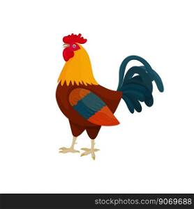 Vector illustration of a rooster in cartoon style with brown feathers. Bright rooster as a symbol or mascot for children’s books, clothing design and postcards with letters.