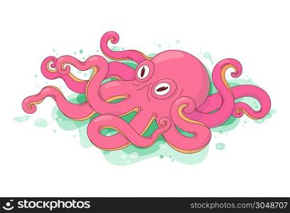 Vector illustration of a rose octopus. Creative hand drawn sea creature in cartoon style for ads, cards, children books. . Vector illustration of an octopus with lettering.