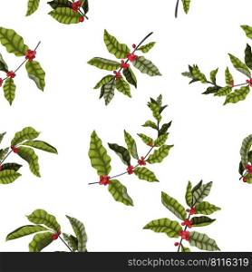 Vector illustration of a seamless pattern with leaves, flowers and berries on the branches of a coffee tree in a cartoon style on white. Elegant, infused pattern for coffee packaging and fabric