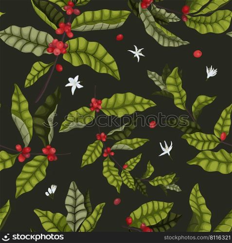 Vector illustration of a seamless pattern with leaves, flowers and berries on the branches of a coffee tree in a cartoon style. Elegant, infused pattern for coffee packaging and fabric