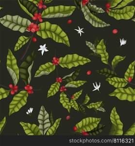 Vector illustration of a seamless pattern with leaves, flowers and berries on the branches of a coffee tree in a cartoon style. Elegant, infused pattern for coffee packaging and fabric