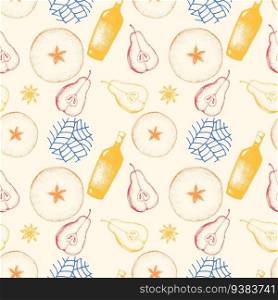 Vector illustration of a seamless pattern with multicolored citrus and apple fruits drawn by hand. Pattern with alcohol and harvest for packaging and drinks or fabric