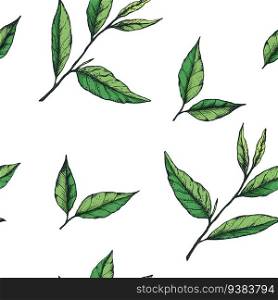Vector illustration of a seamless pattern with simple hand-drawn green tea leaves. Design for fabric, stationery or wrapping paper for tea, matcha, packaging, label