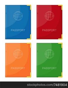 Vector illustration of a set color passport in a color cover on a white background. Isolated object. Cartoon style passport