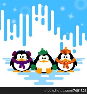Vector illustration of a set cute little penguin in a knitted hat on winter abstract striped background.