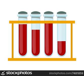 Vector illustration of a set glass tube of blood. blood test. Cartoon style. Test tubes with blood on a white background, isolated object. Medical research