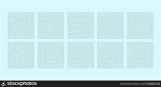 vector illustration of a set of ten square mazes for kids. vector illustration of a set of ten square mazes