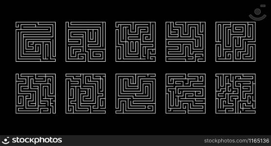 vector illustration of a set of ten square mazes for kids on a black background. vector illustration of a set of ten square mazes for kids on a b