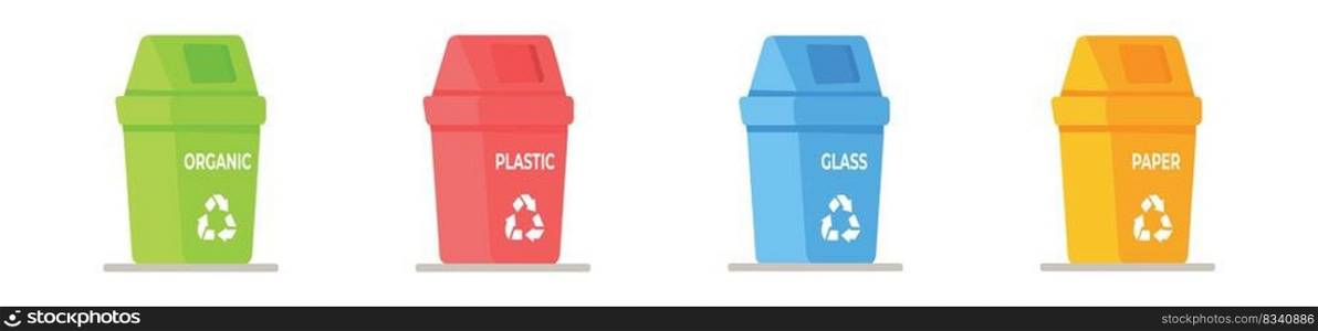 Vector illustration of a set of trash cans. Recycling garbage separation collection and recycling isolated on white background. Garbage in trash cans with sorted trash icons.