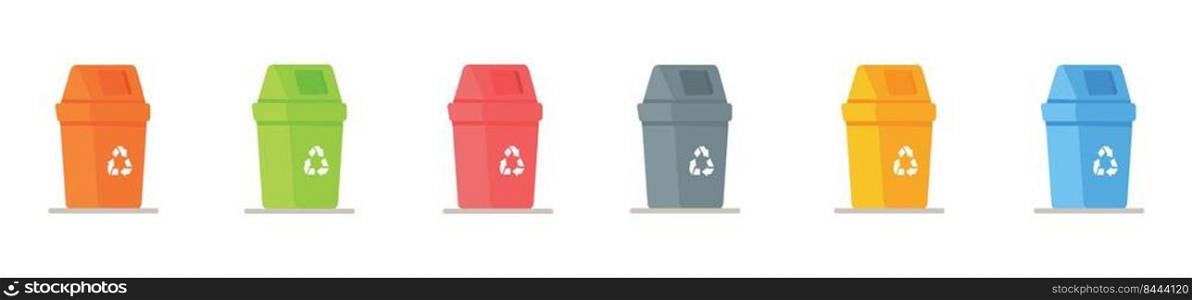 Vector illustration of a set of trash cans. Recycling garbage separation collection and recycling isolated on white background. Garbage in trash cans with sorted trash icons.