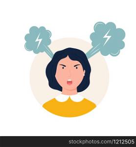 Vector illustration of a shouting angry girl. Bad mood, sad feelings concept. Vector illustration of a shouting angry girl