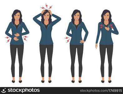  vector illustration of a sick woman with ache problems, head chest back and stomach pain  