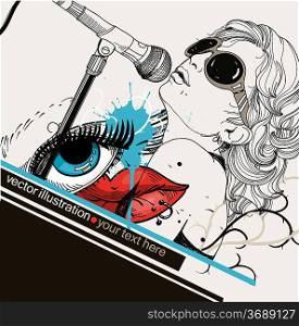 vector illustration of a singer , abstract lips and blue eye