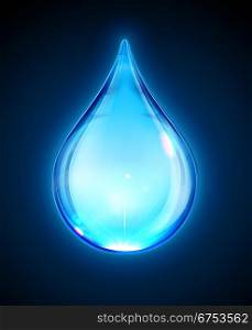 Vector illustration of a single blue shiny water drop isolated on dark background.