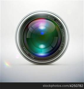 Vector illustration of a single detailed camera lens icon isolated on soft background