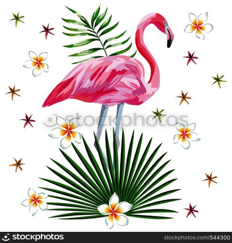 Vector illustration of a single pink flamingo, tropical leaves, flowers flat wallpaper, pattern background