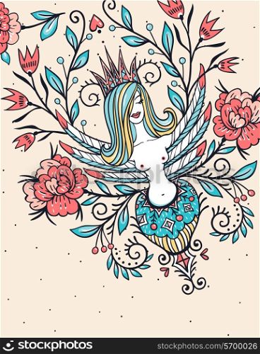 vector illustration of a Sirin and vintage flowers