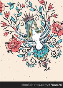 vector illustration of a Sirin and vintage flowers