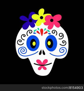  vector illustration of a skull decorated with flowers for conceptual designs of Day of the Dead celebration. Cute skull with flowers for Day of the Dead