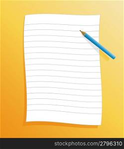 Vector illustration of a slick ruled paper on orange background with shadow and pencil.