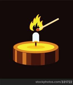 vector illustration of a small burning candle and match fire