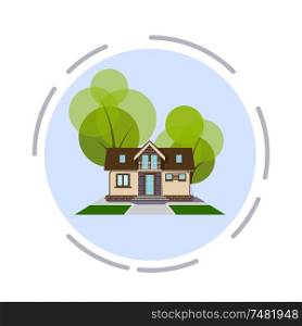 Vector illustration of a small cozy house with a tree on a white background. Design Element Property Site
