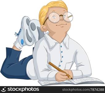 Vector illustration of a smart blond boy writing in a notebook.&#xA;