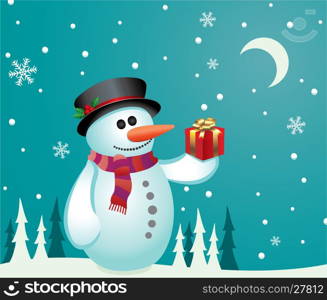 vector illustration of a snowman with a gift
