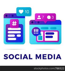 Vector illustration of a social media communication concept. The word social media with colorful cross-platform browser windows