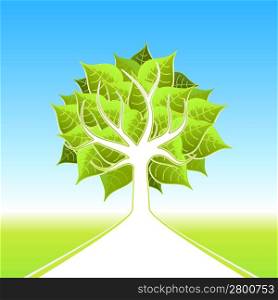 Vector illustration of a stylized ecological tree with big leafs and white path leading on the horizon.
