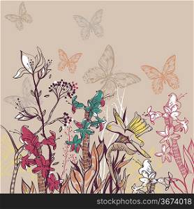 vector illustration of a summer field with blooming flowers and plants