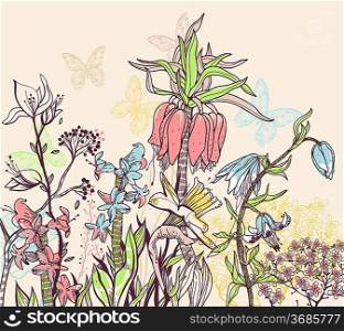 vector illustration of a summer field with blooming flowers and plants