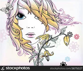 vector illustration of a summer girl with blooming flowers and butterflies